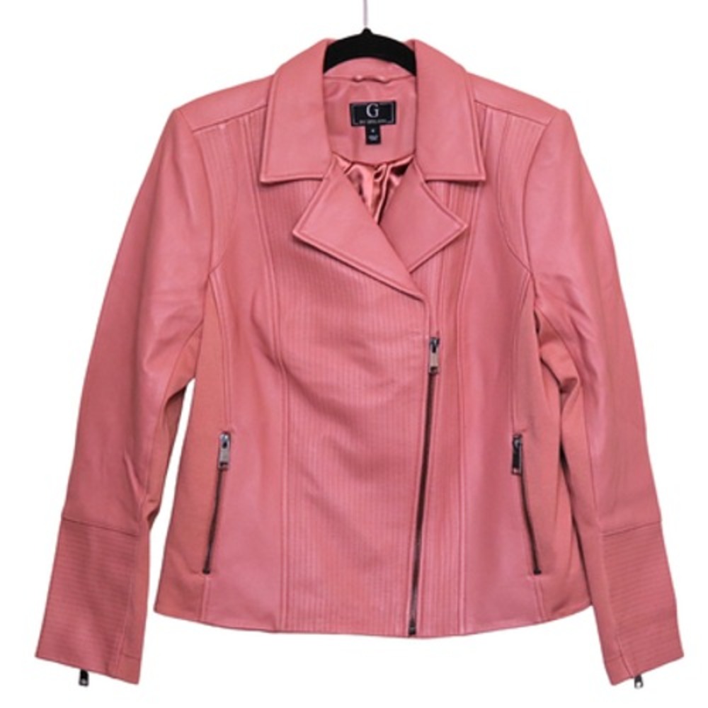 G by Giuliana Jacket Womens Medium Pink Faux Leather Moto Biker Asymmetrical Zip